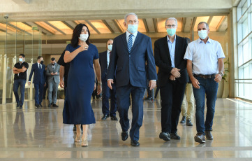 JERUSALEM, ISRAEL- Prime Minister Benjamin Netanyahu (2nd left) visits Ben-Gurion International Airport on August 17, 2020. Netanyahu assured that the annexation of part of the occupied West Bank is still 